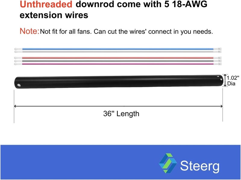 Steerg 36 inch Ceiling Fan Downrod with 5 Extension Wires, 3ft Unthreaded Down Rod, Dia 1 inch, Black - Image 4